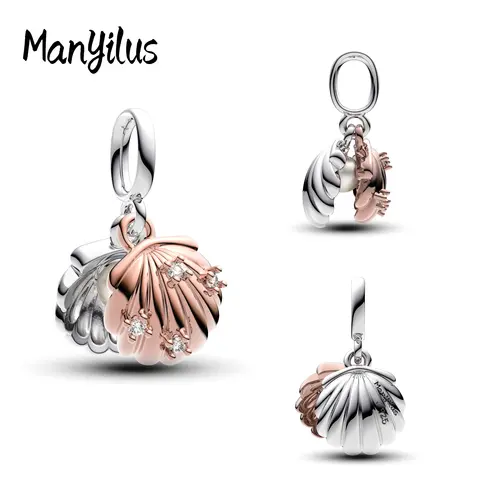 Manyilus 925 Ayar Gümüş İki Renkli Deniz Kabuğu Sarkan Charm Orijinal Bilekliklere Uygun Çift Renkli Kabuk CZ Kolye Okyanus Takı Hediyesi