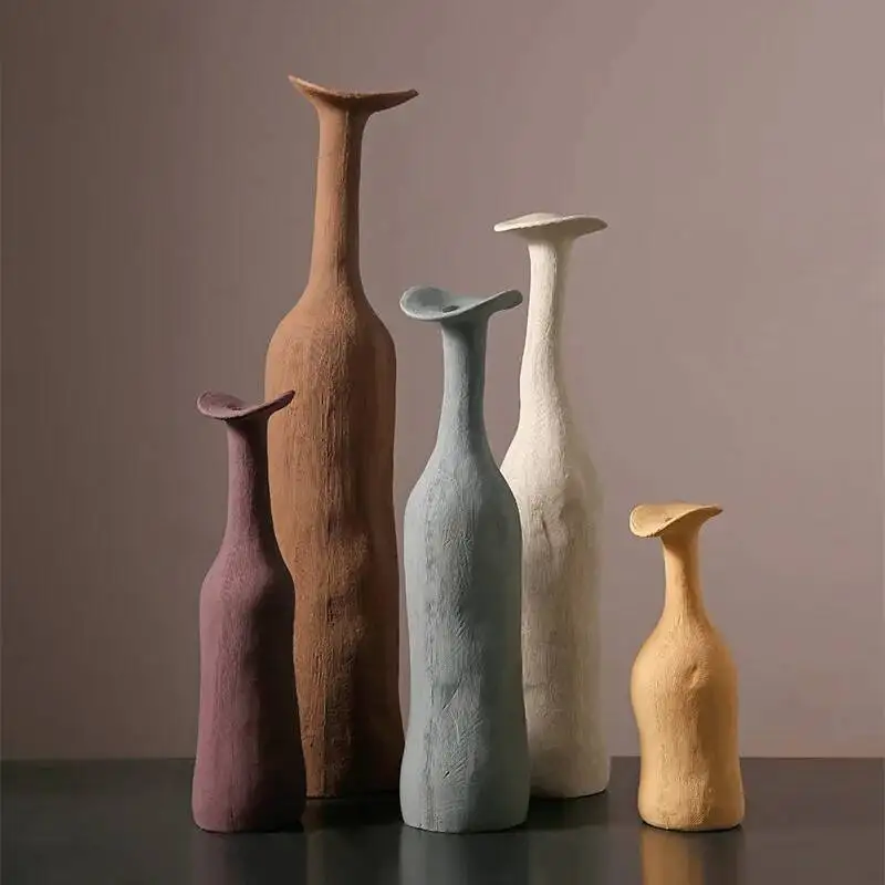 Creative Ceramic Flower Vases Nordic Morandi Colored Handmade Wine Vases Flower Pots Modern Home Living Room Desktop Decoration