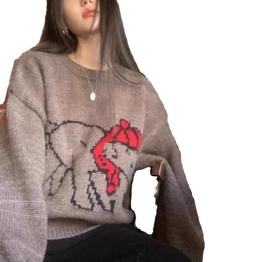 

Cute sheep jacquard sweater women winter thickened round neck long sleeve loose raccoon fleece knit sweater Japanese retro style