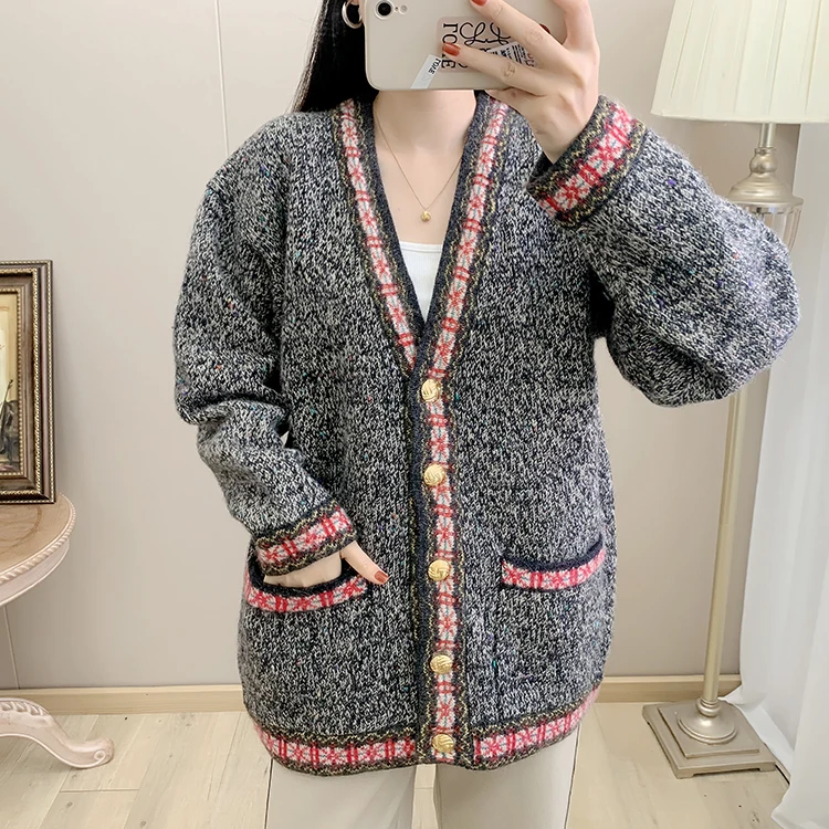 

Женский кардиган Sunine Home: новая осенне-зимняя коллекция, V-образный вырез, длинный рукав, из пряжи, средней длины, в гонконгском стиле