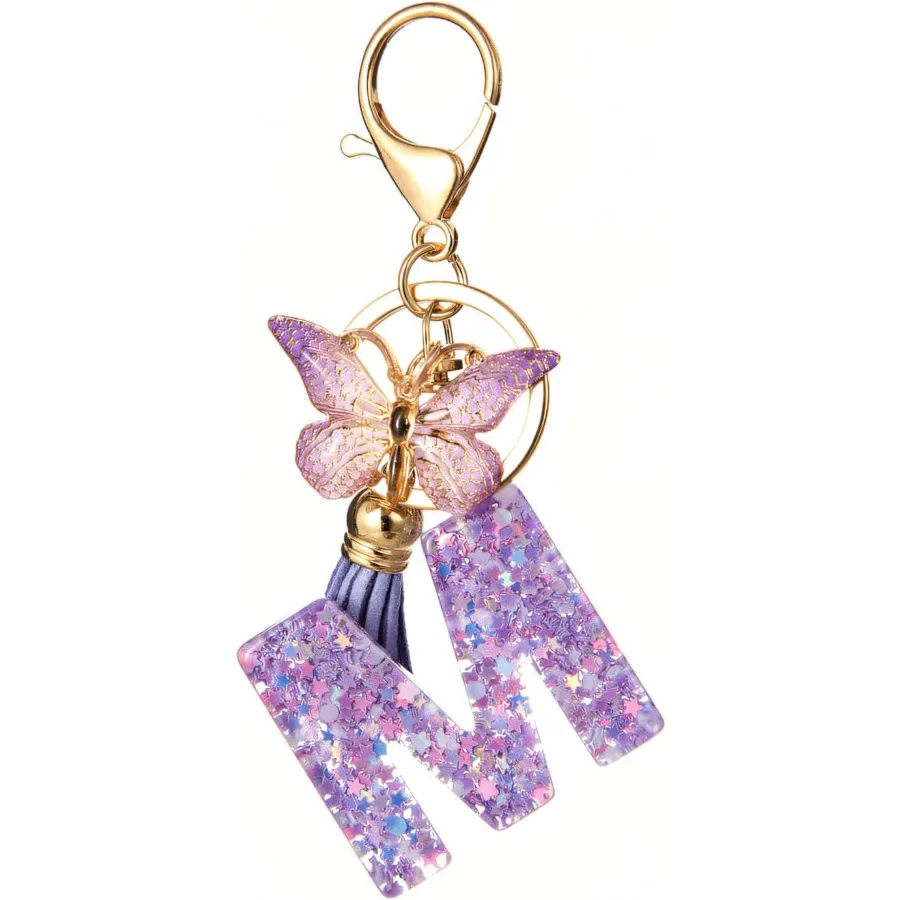 

Брелки с буквами для женщин, фиолетовый, розовый брелок с подвесками в виде кошелька-бабочки для сумок, милый брелок с кисточками