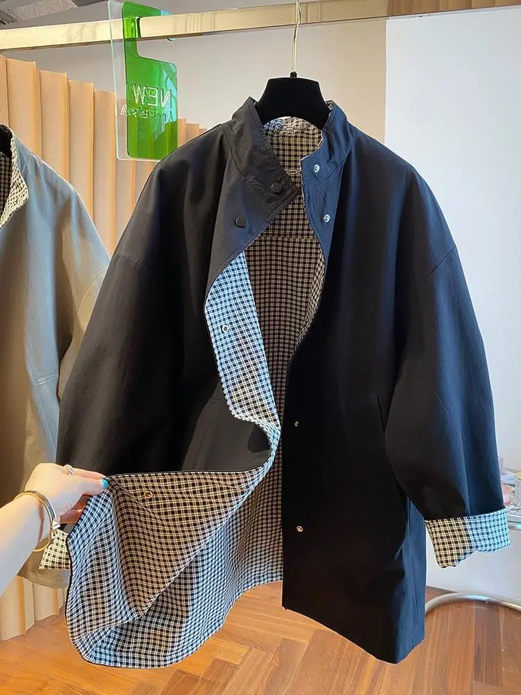 سترات فضفاضة من الجلد القطني المرقعة ذات الياقة السترة للنساء معاطف ربيعية جديدة بأكمام طويلة منقوشة على الموضة #4