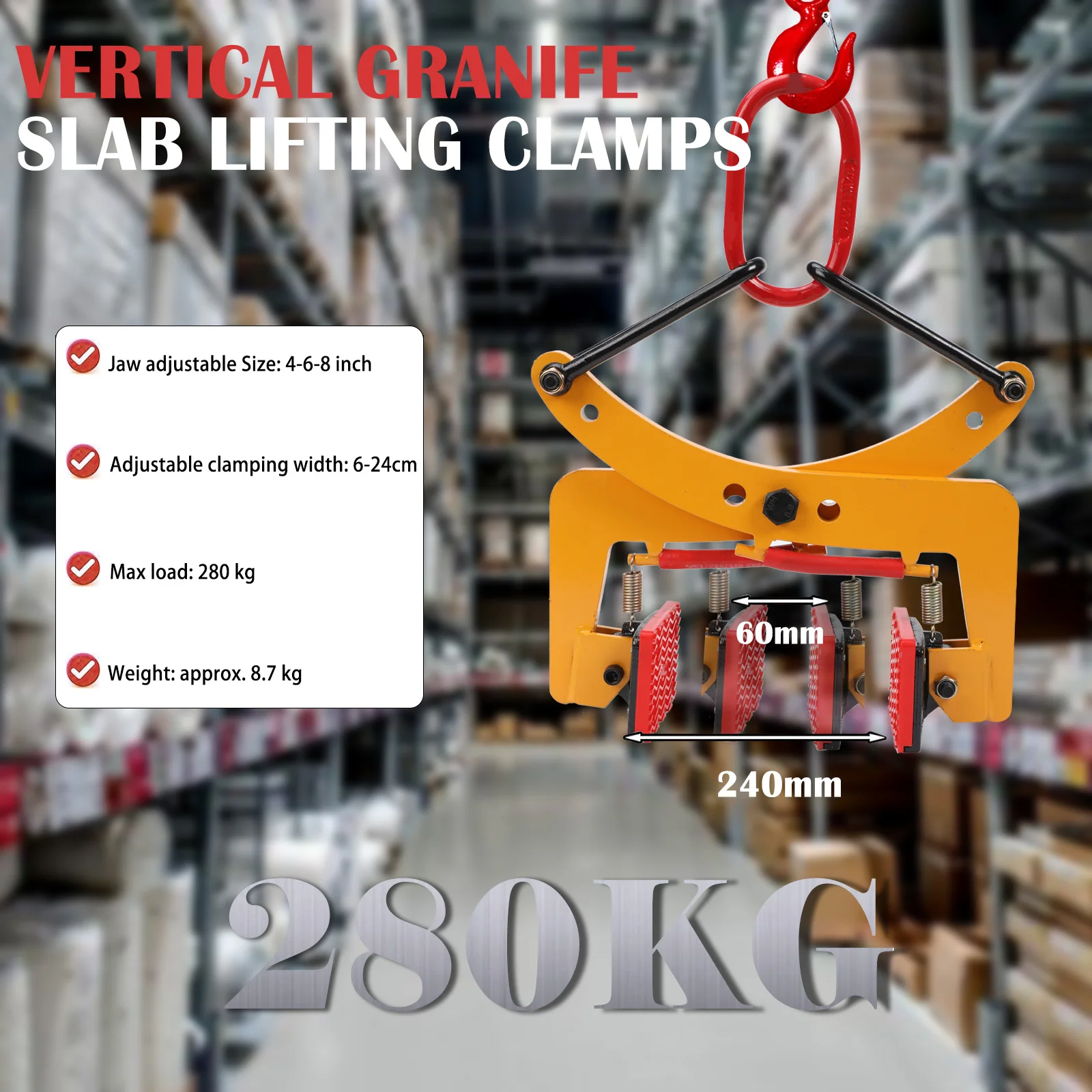 พาเลท PULLER CLAMP หินคีมยกสลิงแหวนหิน CLAMP 280 กก.เปิดกราม 6-24 ซม.