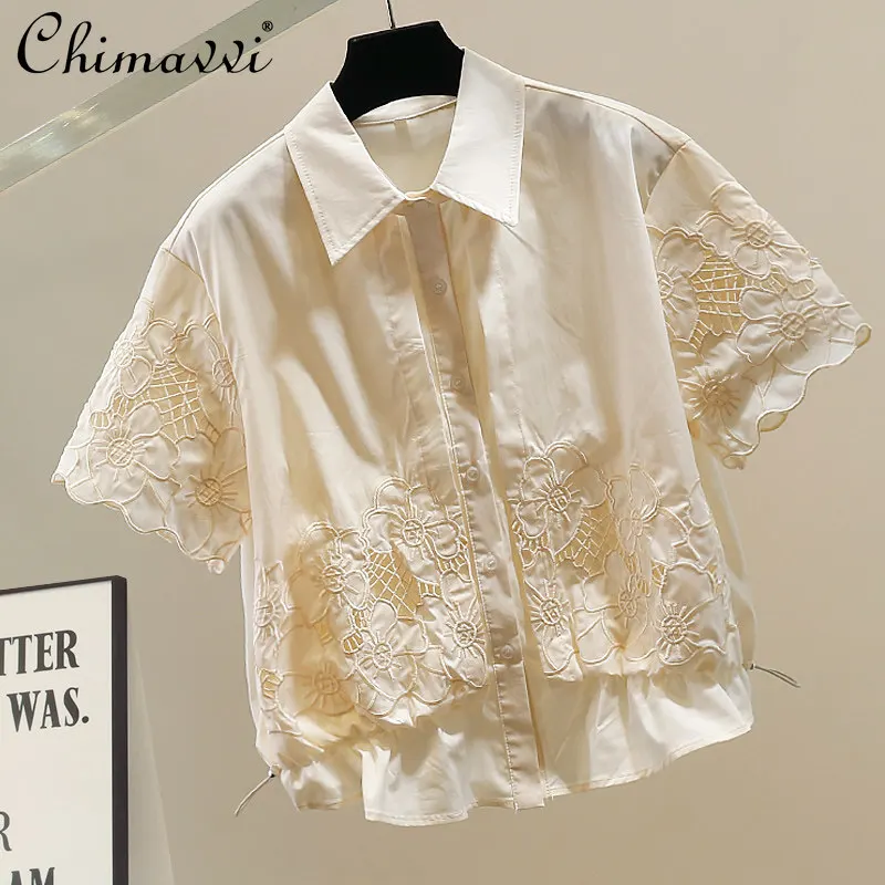

Korean Fashion New Heavy Embroidery Hollow-out Turn-down Collar Short Sleeve Faux Two-piece Shirt Women's 2026 Summer New Top