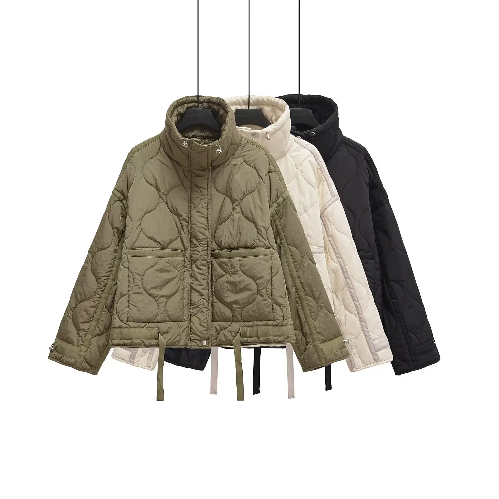 2025 Winter New Style Stand Collar Loose Drawstring Zipper Cotton Jacket For Women Zipper Large Pocket Cuff Loose Cotton Jacket