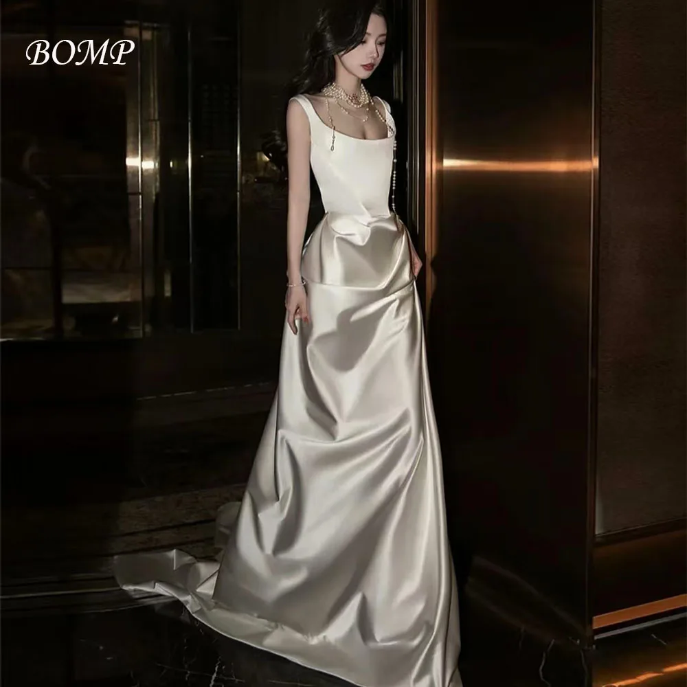 BOMP elegante vestido de novia drapeado correa de espagueti A-Line tren de barrido tafetán ocasión especial vestido de fiesta de noche personalizado