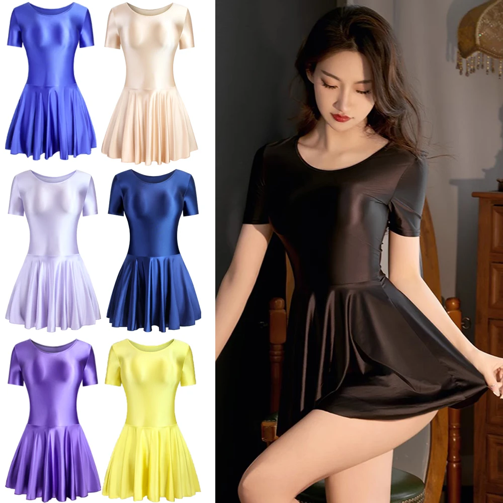 MJINM Women's Short Sleeve Glossy Smooth Tights Spandex Umbrella Dresses Yoga Fitness Bodysuits Oil Party Leotards Ballet Skirts