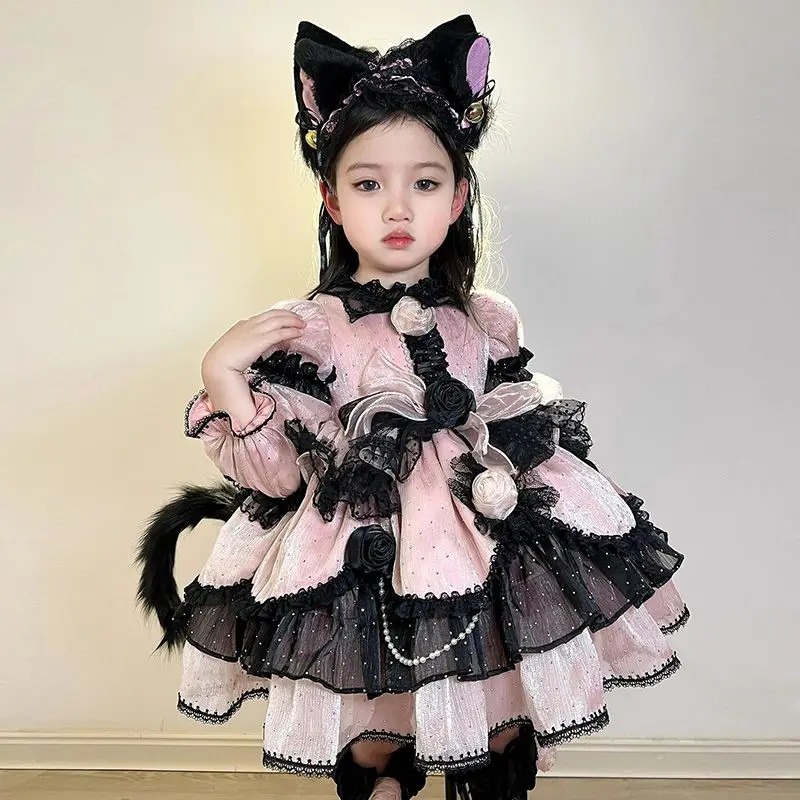 Winter Autumn Girls Spanish Lolita Princess Lace Pink Ball Gown Sweet Cute Cat Birthday Kids  Party Easter Eid Mesh Dresses
