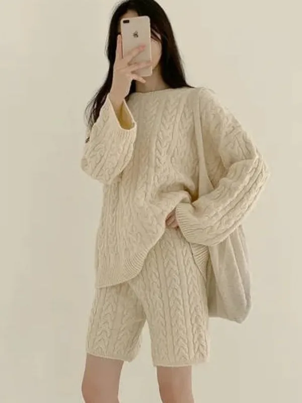 Koreaanse Sle Thiened gebreide trui en orts Set Dames Vintage Twist Loose Lazy Sle Winter Faion Damesoutfits