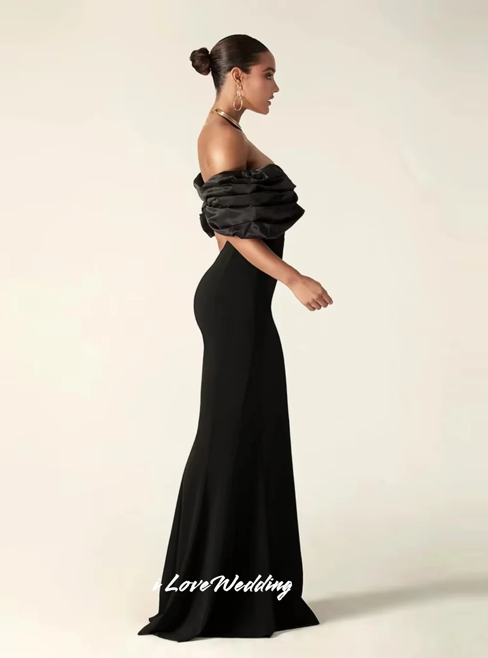 Black Off Shoulder Cocktail Dress 2025 Backless Pleat Mermaid Back Zipper Side Split Floor-Length Wedding Party Dress Customized image 3