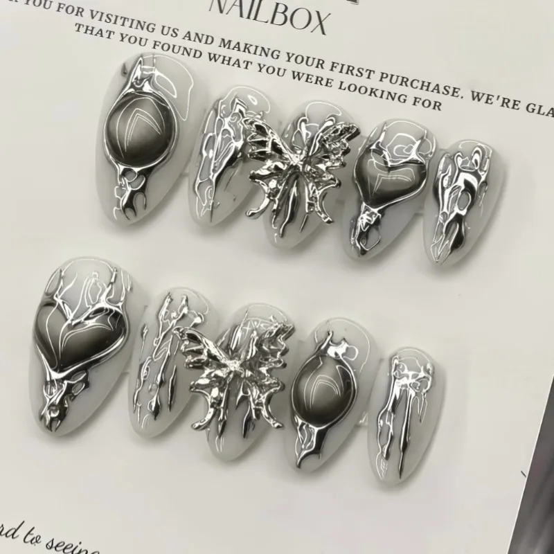 

24PCS Y2k Metallic 3D Butterfly Almond Press on Nails Sweet Cool Cat Eye Silver Heart Pattern Fake Nails Simple Ins Acrylic Nail