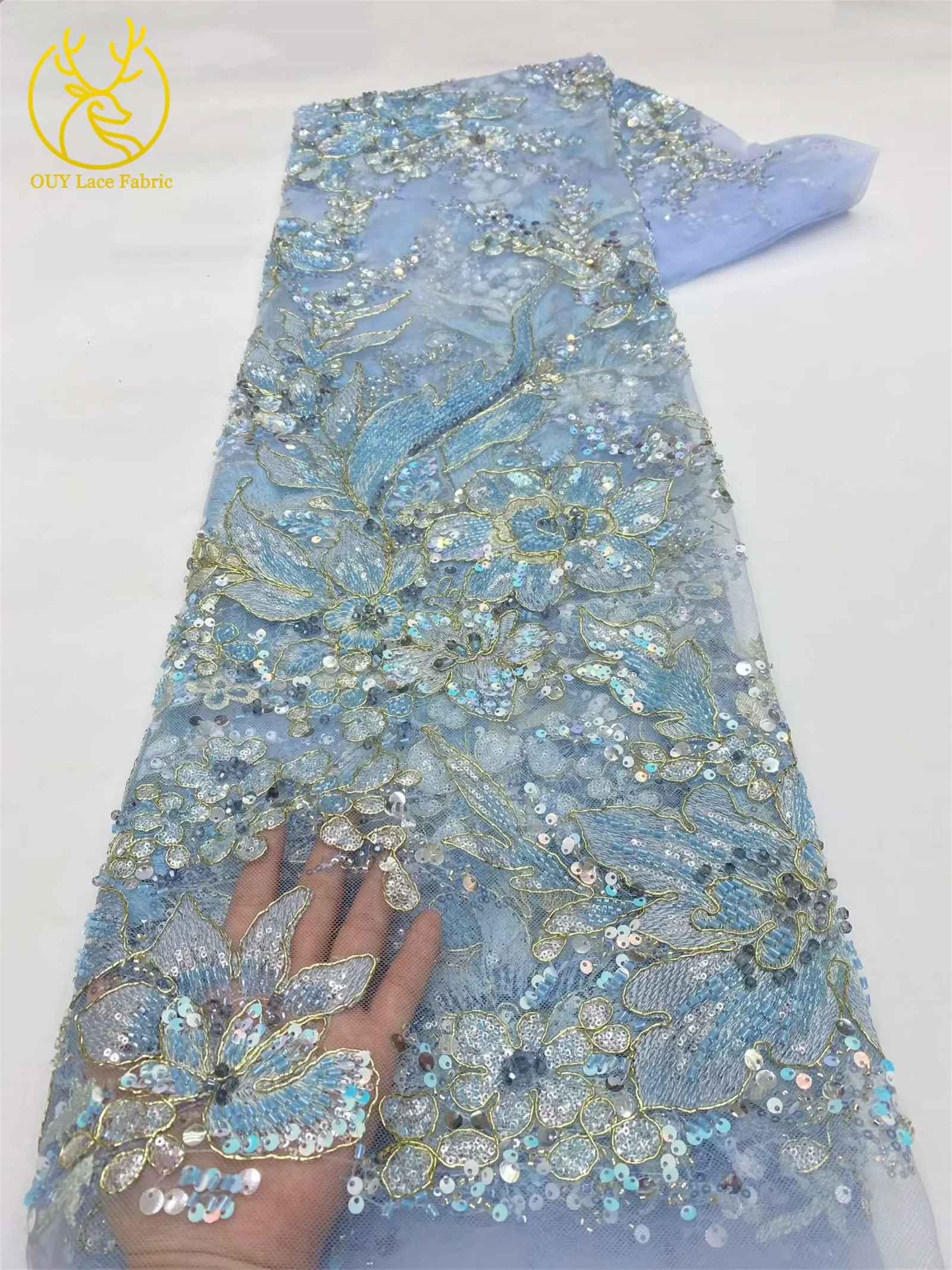 Eleganter Tüll-Spitzenstoff mit Pailletten und Blumenstickerei, afrikanischer handgefertigter Perlen-Mesh-Spitzenstoff zum Nähen von Abendkleidern, 5 Yards – Detail 10