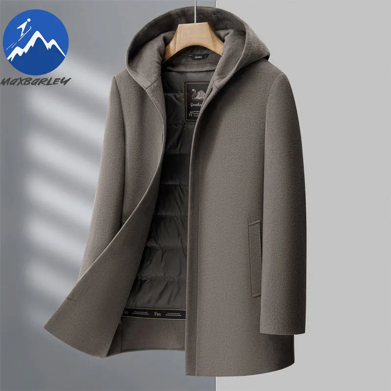 Maxbarley Winter Cashmere Coat Men High Designer Street White Duck Down Vest Hooded Trench Jacket Korean Elegant Woolen Overcoat