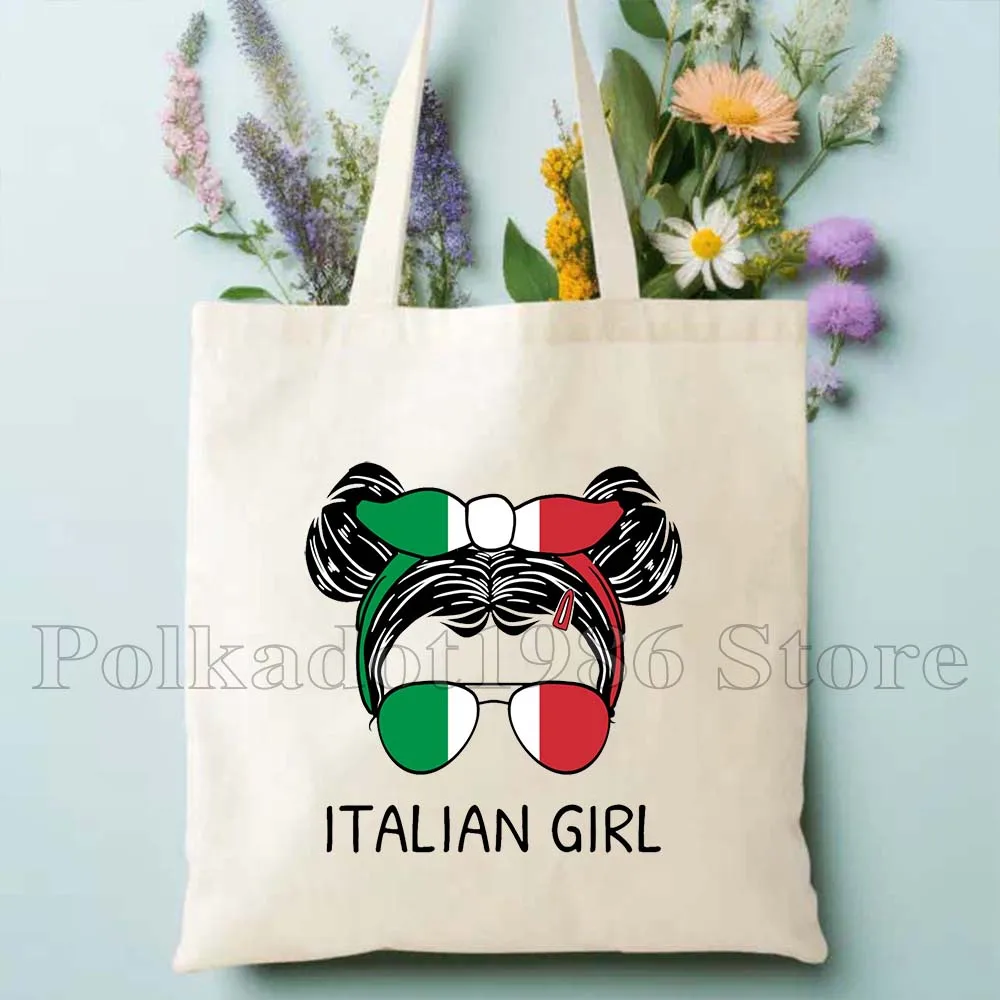 Floral Bella Ciao Italienische brünette Frau Mädchen Messy Bun Flagge Italien Italien Niedlicher Shopper Harajuku Canvas Einkaufstasche Einkaufshandtasche