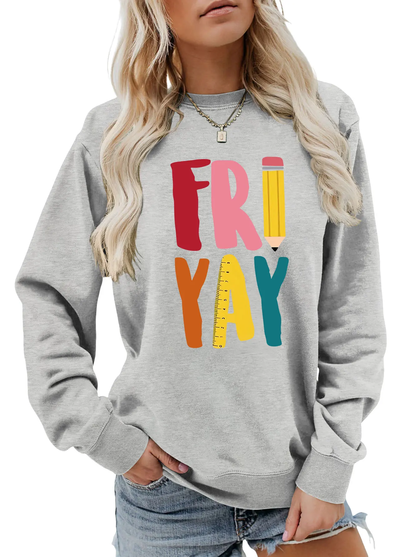 Autumn and winter new long-sleeved T-shirt hoodie fri yay printed casual loose fashion crew-neck top all match women's pullover