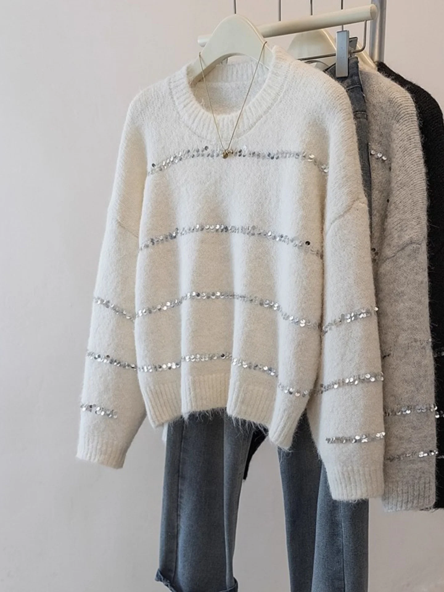 

Женский свитер больших размеров с блестками, длинными рукавами, свободного кроя, базовый слой, повседневный, модный, осенне-зимний, трендовый