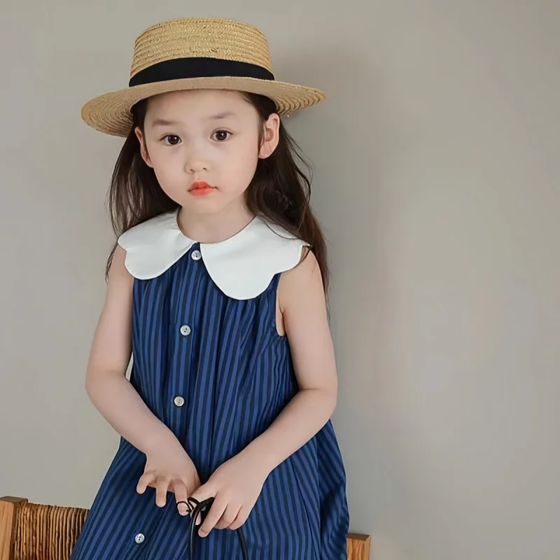 Korean Style Girls Dress Summer Sweet Kids Dresses Cotton Solid Color Sleeveless Children Dress Casual Girl Clothes 3-8 Years