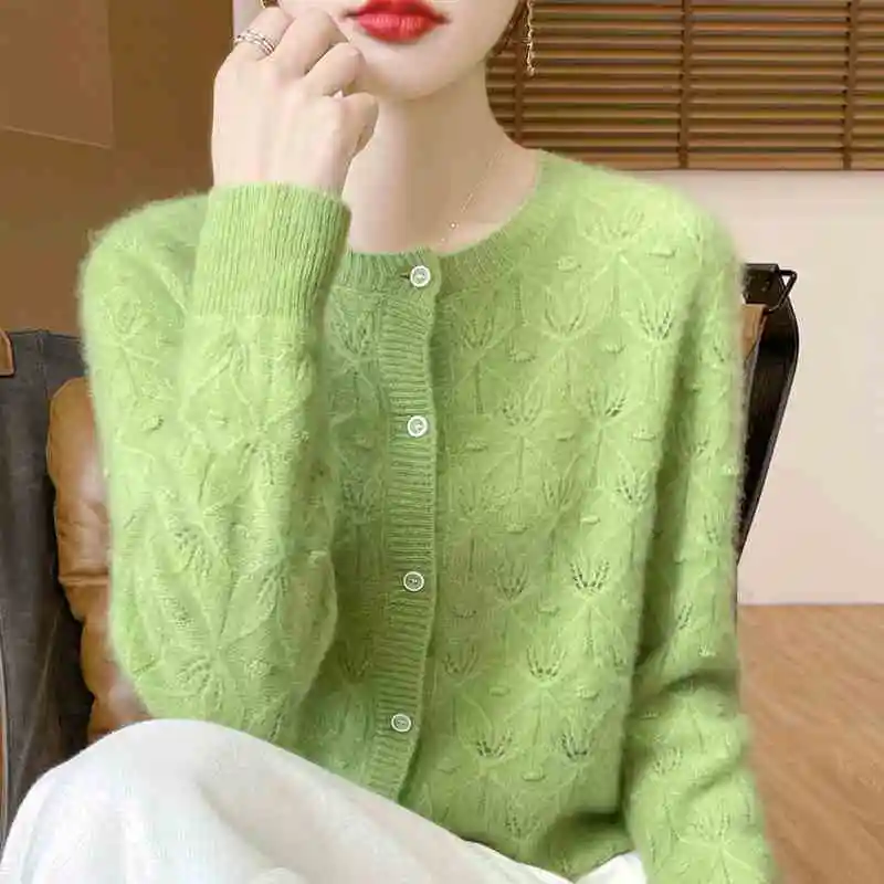 Hollow knit cardigan women round neck heavy industry twisted loose long-sleeved air-conditioned shirt skin-friendly sweater coat