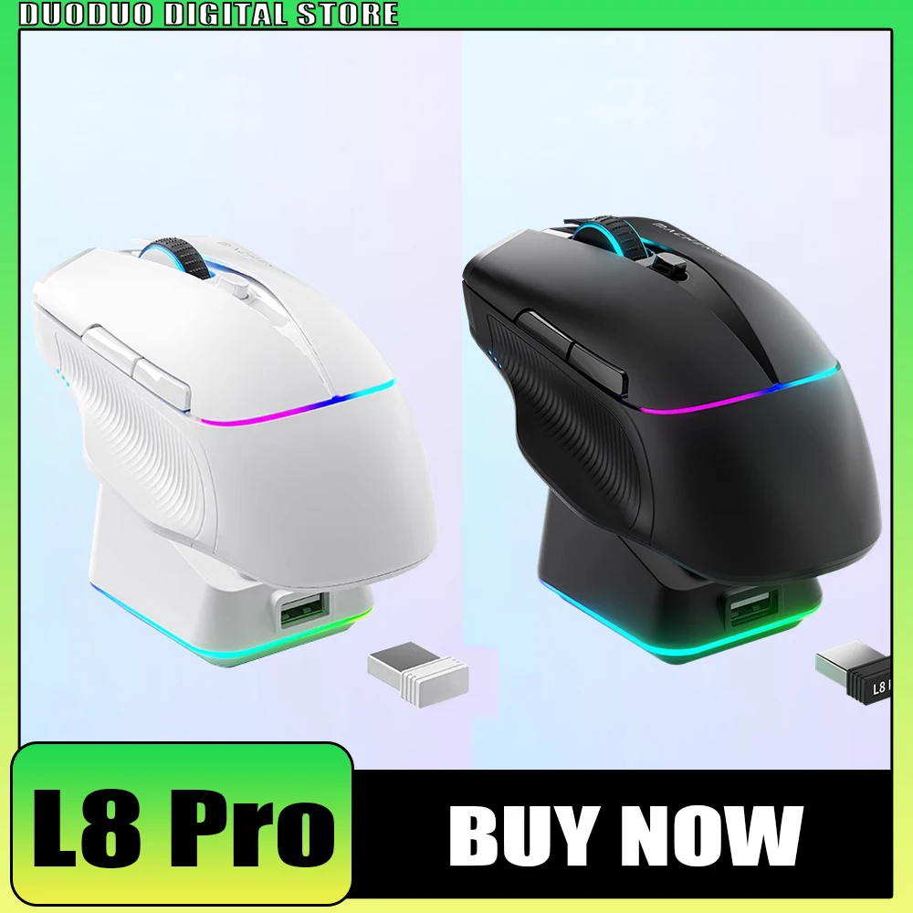 Original L8 Pro Wireless Mouse 8K RGB Magnetic Charging Base PAW3395 Sensor Three Modes Gaming Mouse Low Latency Pc Gamer Gift