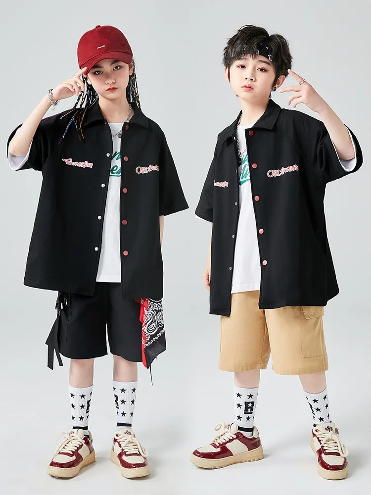 2023 Boys Hip Hop Costume Girls Loose Black Coat Shorts Summer Hip Hop Kids Performance Outfit Fashion Casual Clothing BL10650