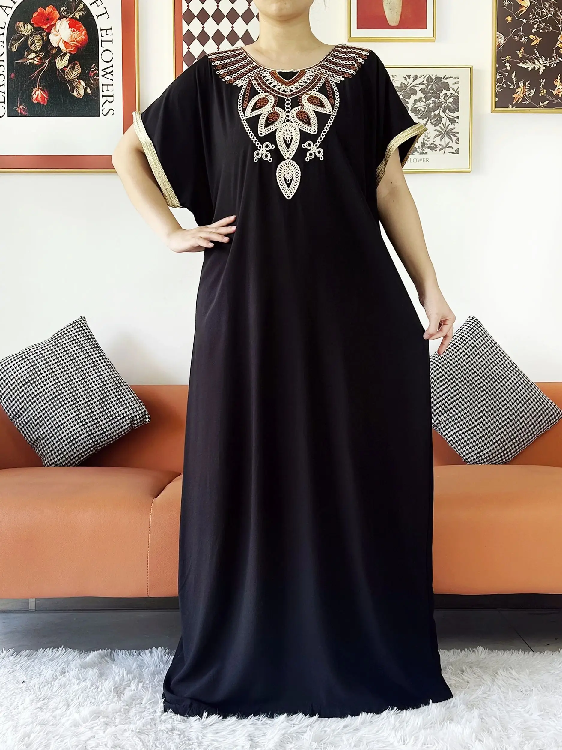 New Dubai Abaya Summer Dress Solid Cotton Dress with Scars African Dashiki Women Maxi Cotton Embroidered Loose Vestidos