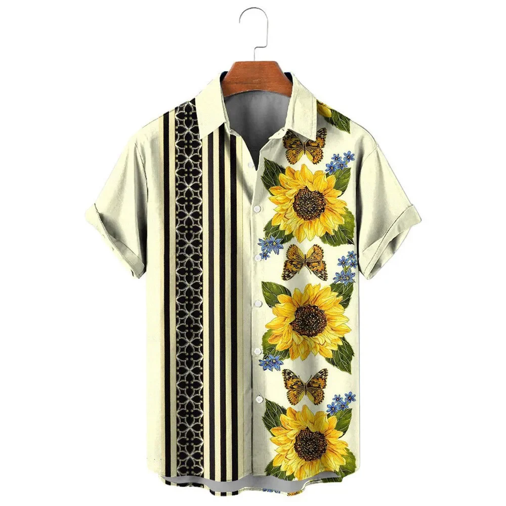 HX Fashion Men's Shirts Hawaii Sunflowers Striped Splicing 3D Printed Casual Shirt Summer Beach Shirt Camisas Men Clothing