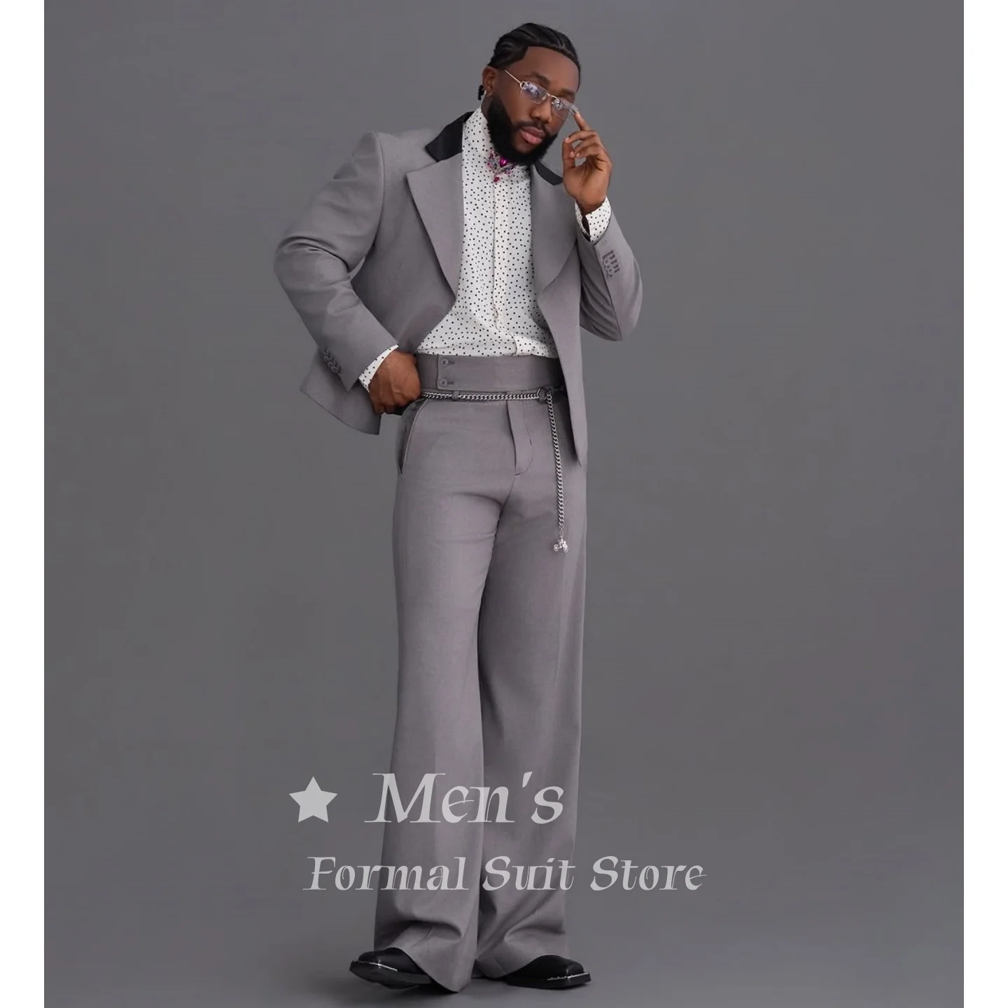 

Vintage Mens Grey 2 Piece Suit Black Lapel Cropped Blazer Wide Leg Pants With Chain Detail Wedding Groom Prom Office Customized