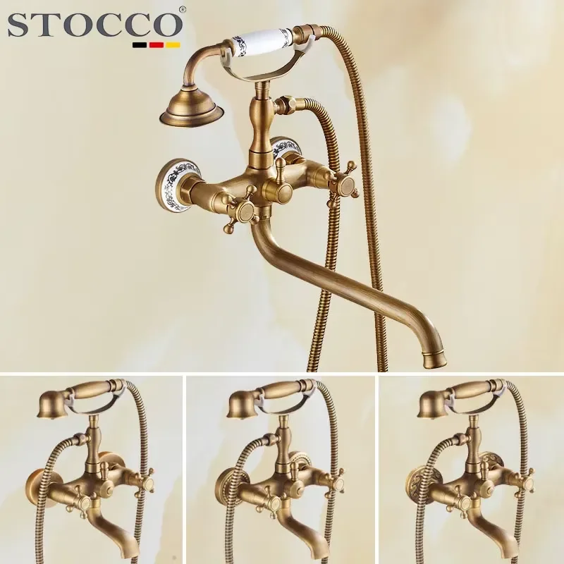 STOCCO Antique Brass Bathtub Faucet Wall Mounted, Traditional Telephone Style Shower Mixer with Handheld Spray for Hotel