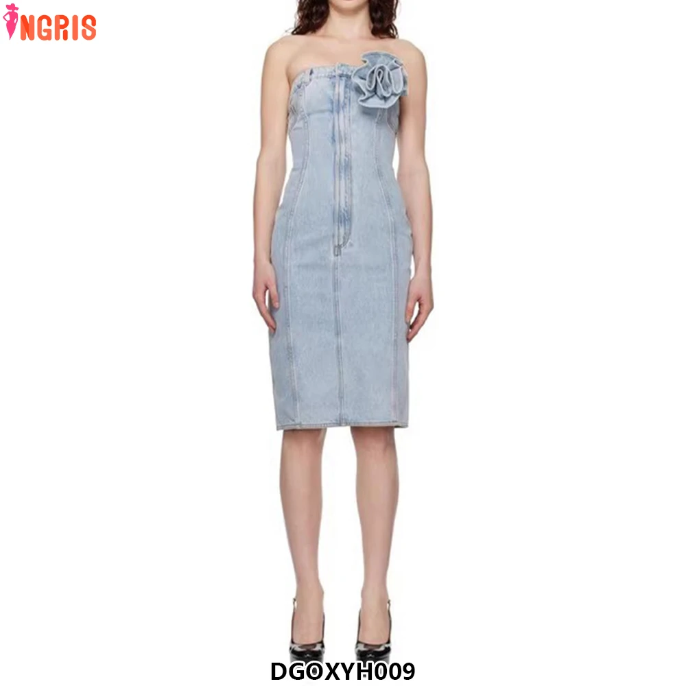 

High Quality Women Custom Button Denim Dress Blue Sleeveless Casual Maxi Dress Summer Long Denim Dress-DGOXYH009