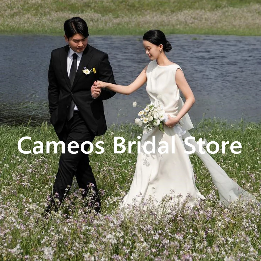 

2023 Elegant Boat Neck Ivory Korea Bride Dresses Backless 웨딩드레스 Wedding Dress Satin Evening Dress Ivory Simple Bridal Gown