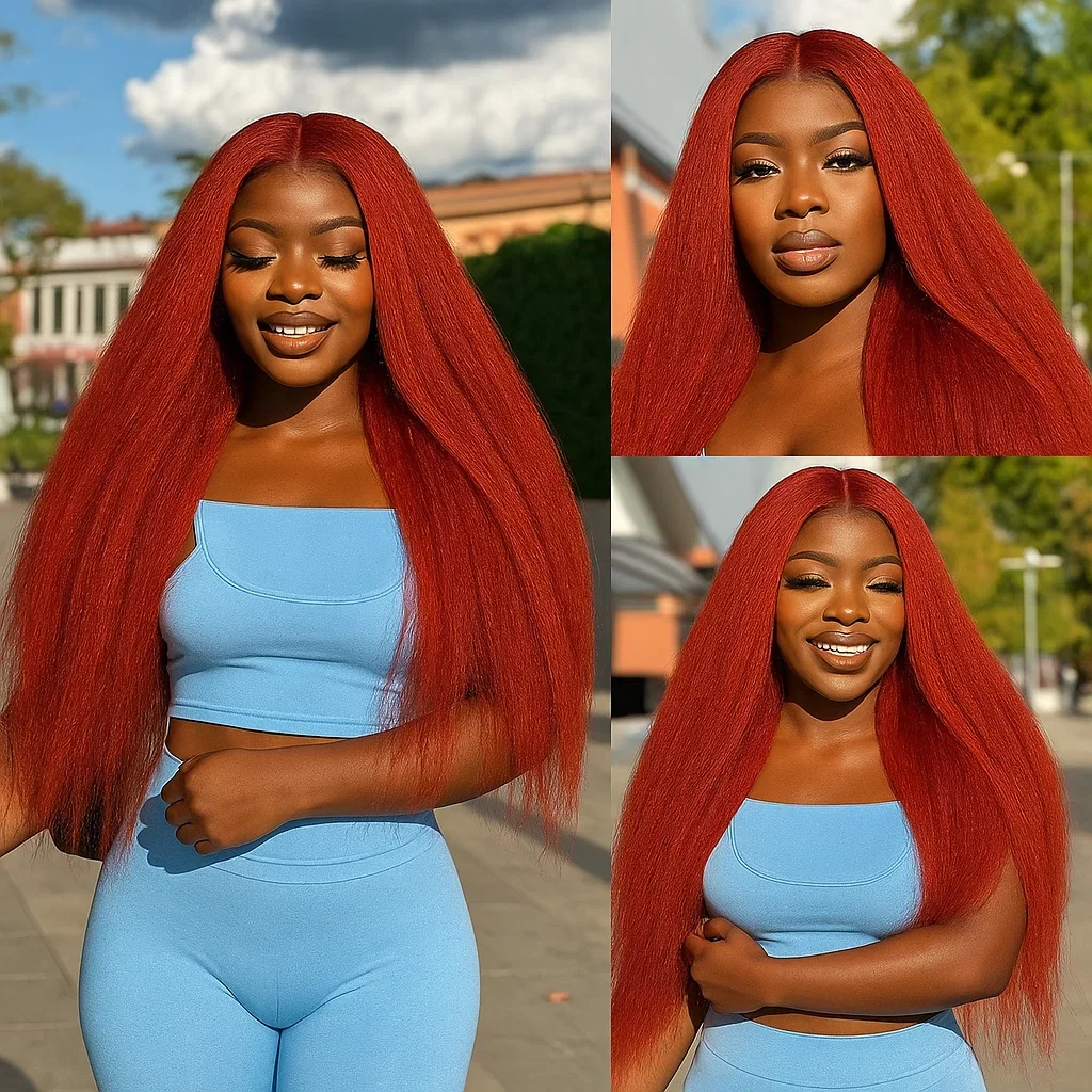 Wig Rambut Asli Wanita Warna Coklat Kemerahan Keriting Lurus 13x4 Lace Front, Wig Keriting Lurus Yaki Warna Tulang dengan Lace Frontal