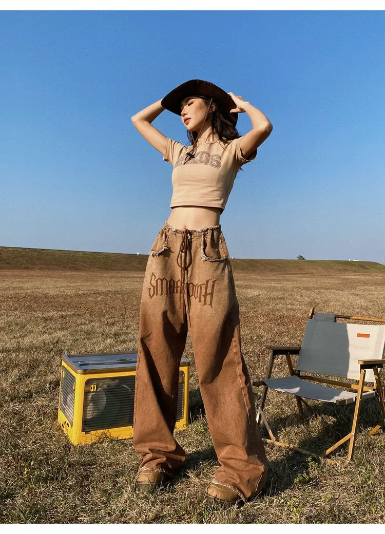 Y2k Brown Vintage Jeans Hip Hop Denim Pants Female 90s Street Style Wide Leg Trousers Women High-Waisted Straight-Leg