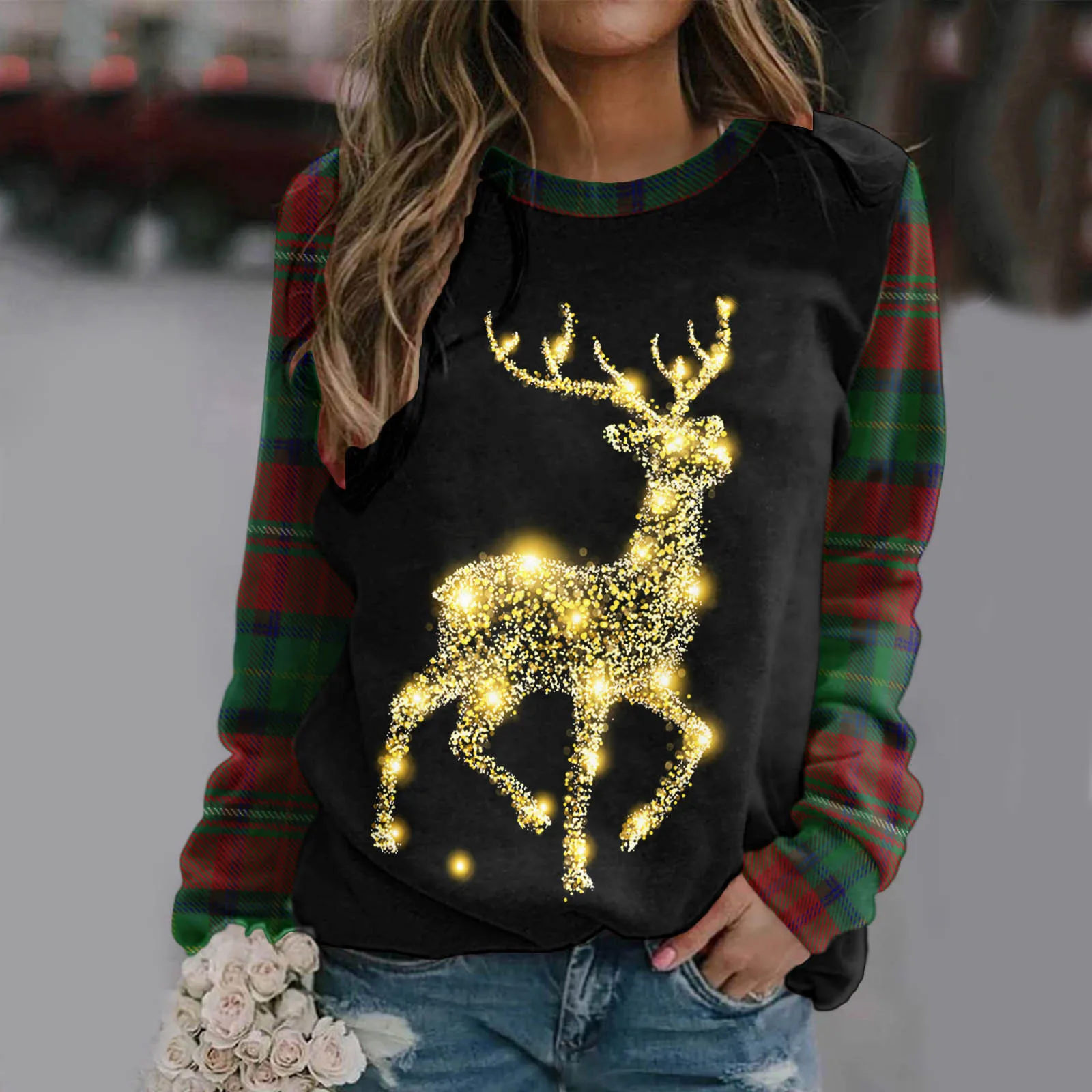 Vintage Plaid Print Long Sleeve Women Ugly Pullover Sweater Christmas Elk Pattern Loose Casual Sweatshirts Xmas Reindeer Clothes