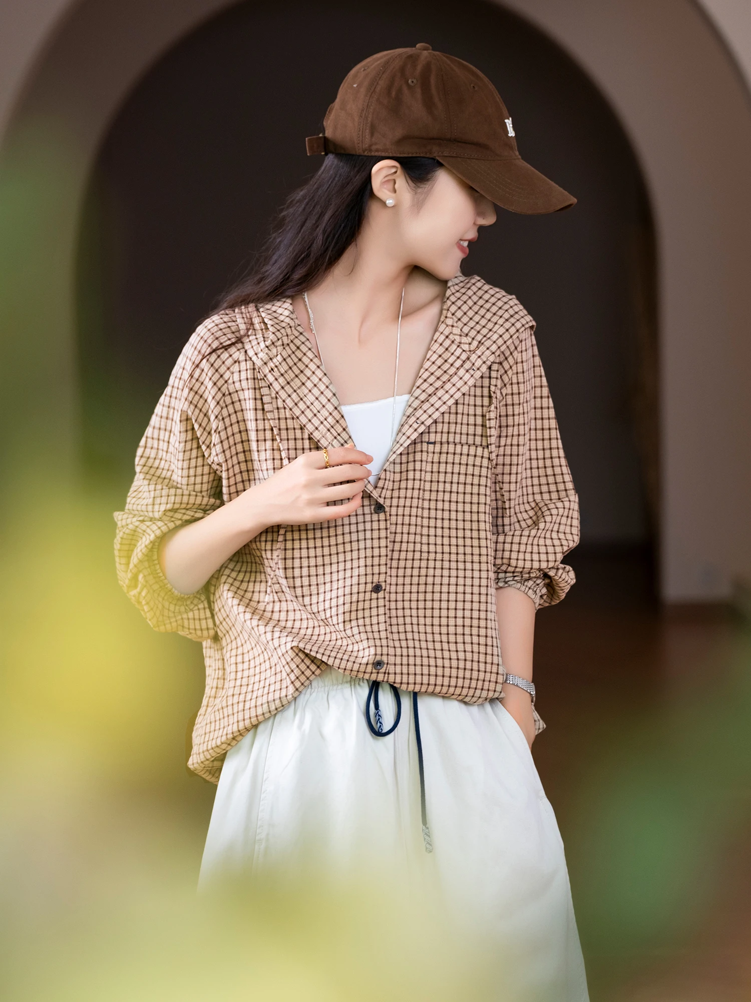 

Повседневная легкая хлопковая рубашка в клетку с цветным тканым узором, свободного кроя, с длинными рукавами, для женщин