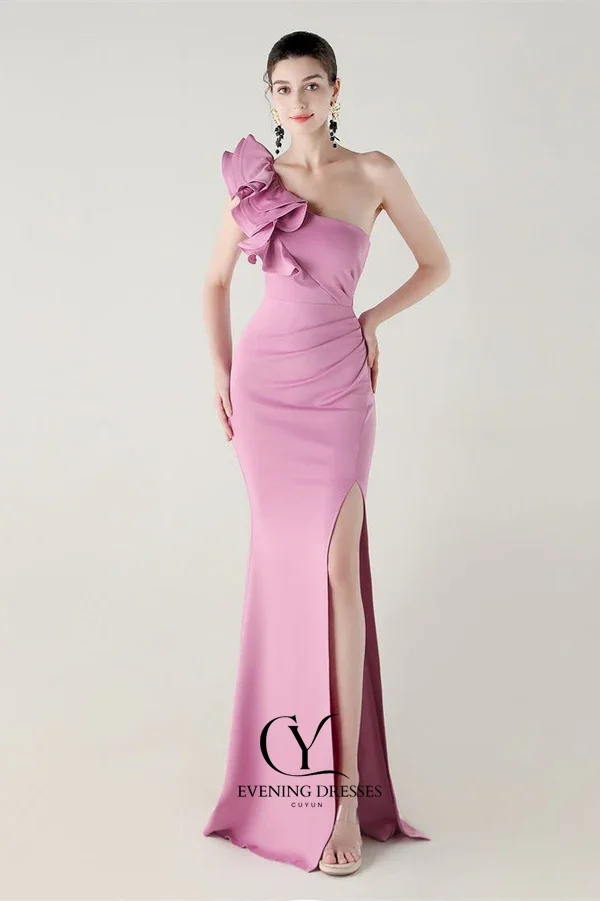 CUYUN مخصص تكدرت الأزهار واحد الكتف الساتان حزب فساتين الجانب عالية الشق مثير ثوب مسائي شبه حورية البحر فستان حفلات #6