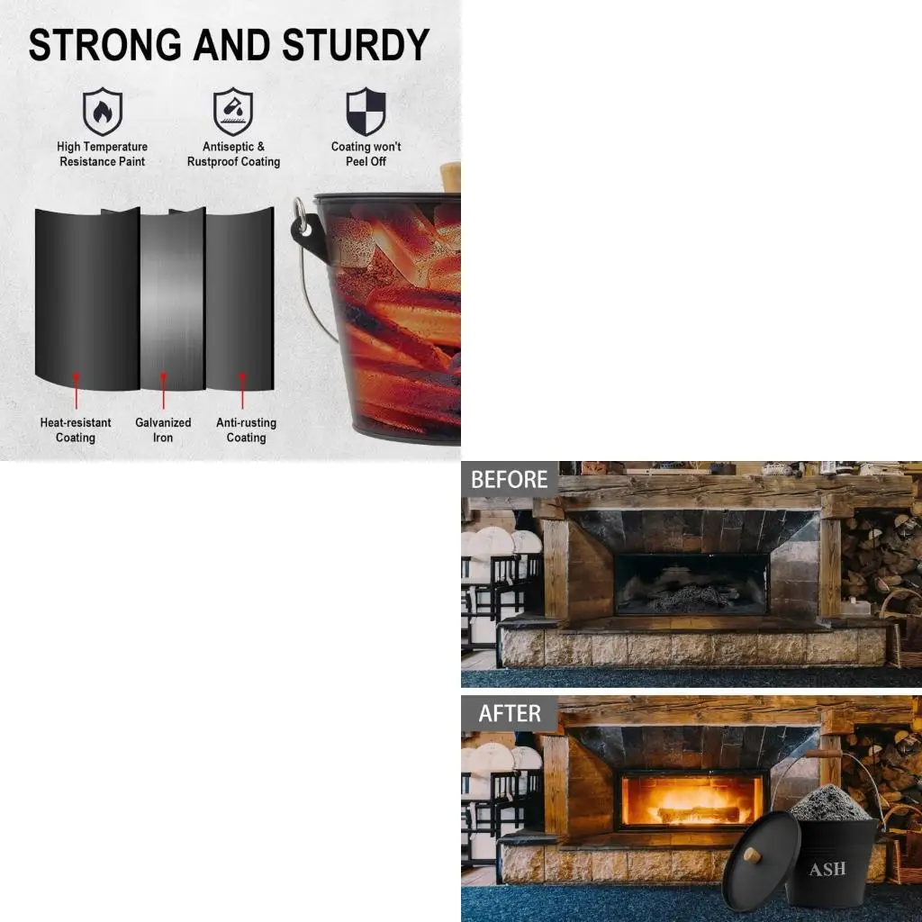   Fireplaces Ashes Bucket with Lid Sweeping Tool Hot Ashes Collect Bucket with Shovel and Brush For Indoor Outdoor Fireplaces