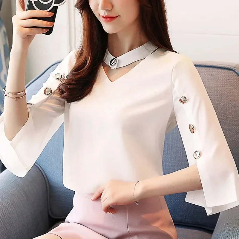 Summer Elegant White Women Blouse New Ladies Tops Casual Solid White Woman Clothes Three Quarter V-Neck 2994