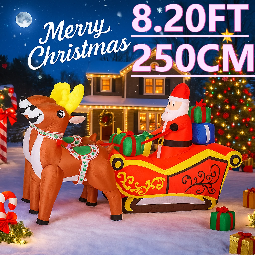 Lampu LED 8.2FT Santa Claus Rusa Natal Tiup Mainan Dekorasi Halaman Pesta Perlengkapan Ornamen Rumah Hadiah Natal