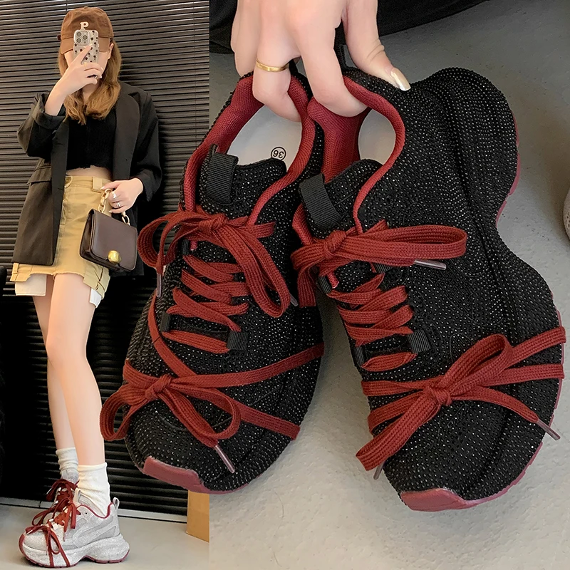 New Fashion Bling Crystal Chunky Ankle Boots for Women Luxury Rhinestones Winter Shoes Woman Thick Bottom Platform  2022 Spring