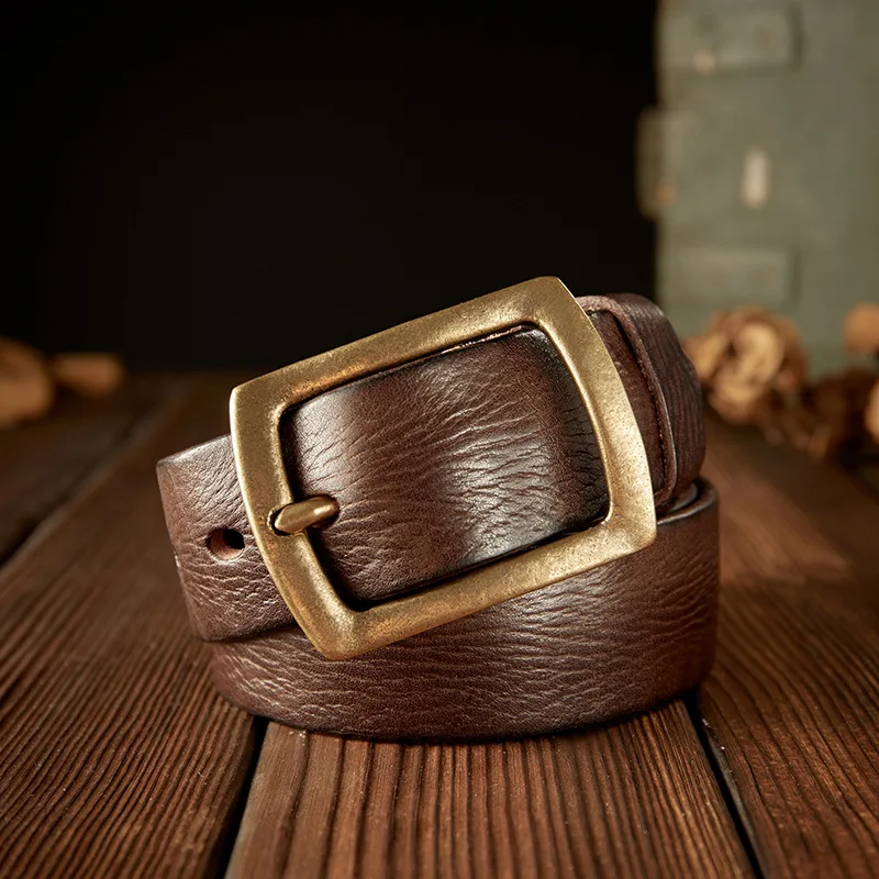 

Original Handmade Leather Belt for Men First Layer Cowhide Brass Center Bar Buckle Belt Retro Style Men's Jeans Belts 4cm/1.57''