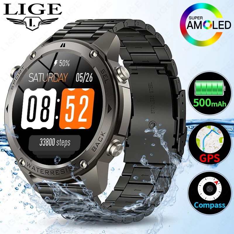 

LIGE 2025 Новые умные часы с GPS-слеживанием для мужчин AMOLED HD Экран сердечного ритма Bluetooth Вызов IP68 Водонепроницаемые мужские умные часы Android IOS