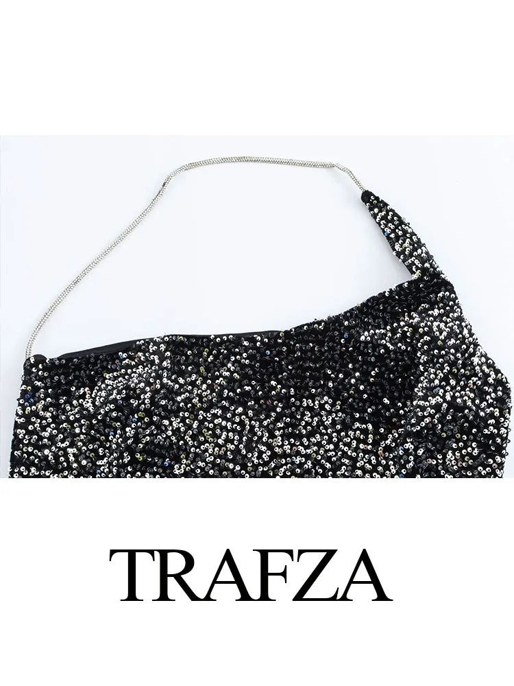 TRAFZA ผู้หญิงฤดูร้อน Elegant ไม่สมมาตรเลื่อมตกแต่ง Midi ชุดผู้หญิงแขนกุด Backless ซิปด้านข้างชุดราตรี