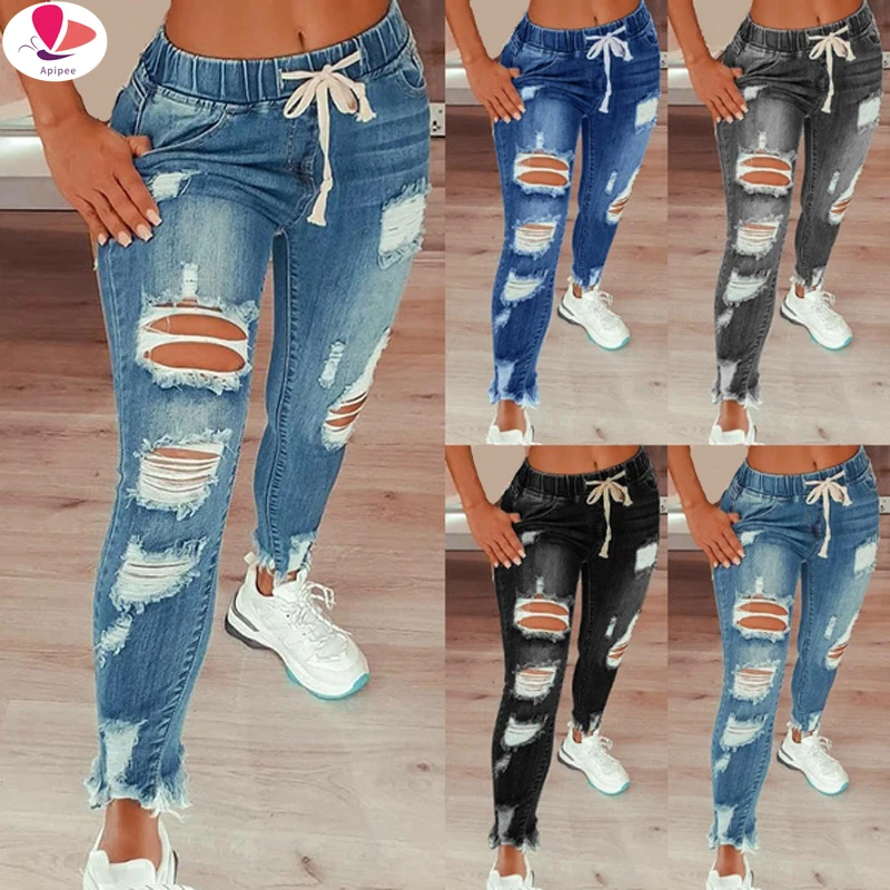 

APIPEE Drawstring Denim Jeans For Women Ripped Hole Stretch Jean Ladies Full Length Pencil Pants