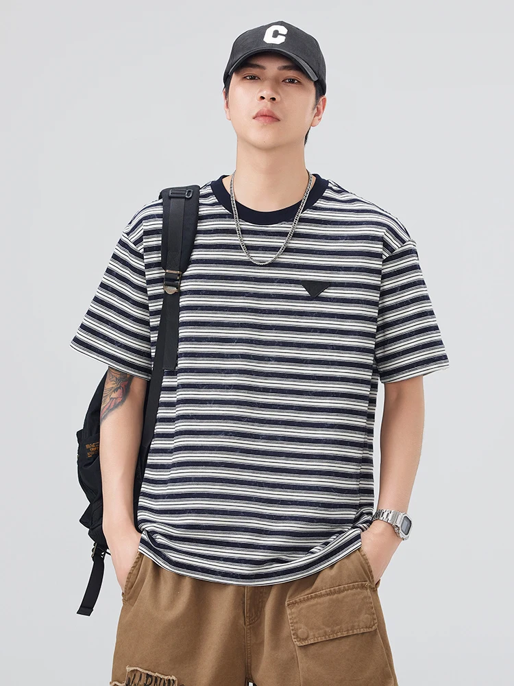 

Круглая футболка свободного кроя в полоску в стиле ретро для мальчиков, дышащая, удобная, молодежная, из смеси хлопка и полиэстера