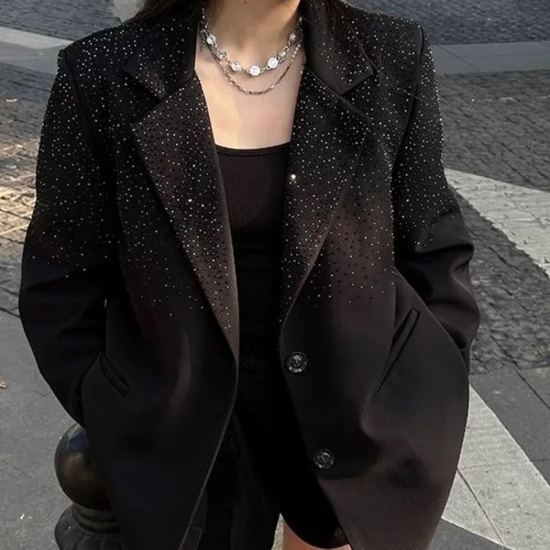 

Korean Fashion Heavy Black Coat Women Spring Aurtumn New Notched Collar Jackets 2025 Casual All-match Elegant Tops Mujer Blazer