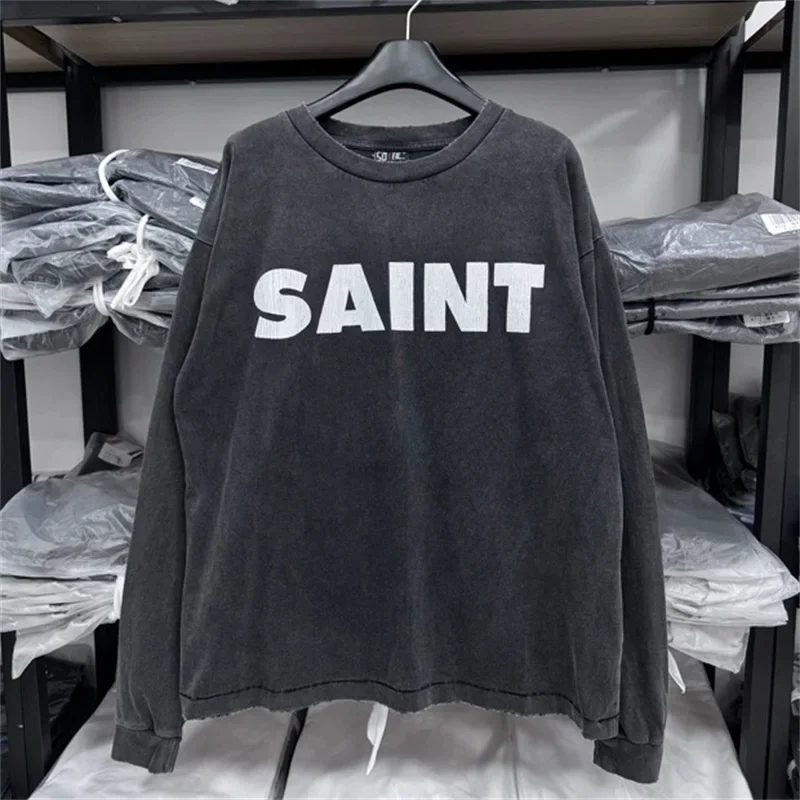 

24ss Washed Black Saint Michael Hoodies Men Women 1:1 Logo Printing Oversized Pure Cotton Long Sleeved T-shirt