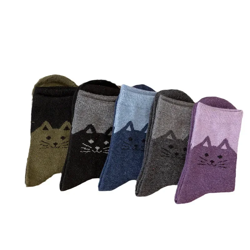5 paires automne hiver femmes mignon laine extérieur mi-mollet chaussettes dessin animé chat épaissi chaud Style ethnique intérieur chaussettes de sol