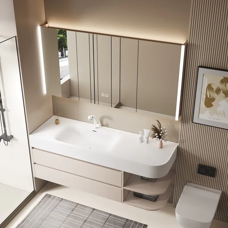 Neutral Wall-mounted Floating Bathroom Vanities, Multi-layer Storage Cabinet Furniture With Open Side Shelves &Smart Mirror