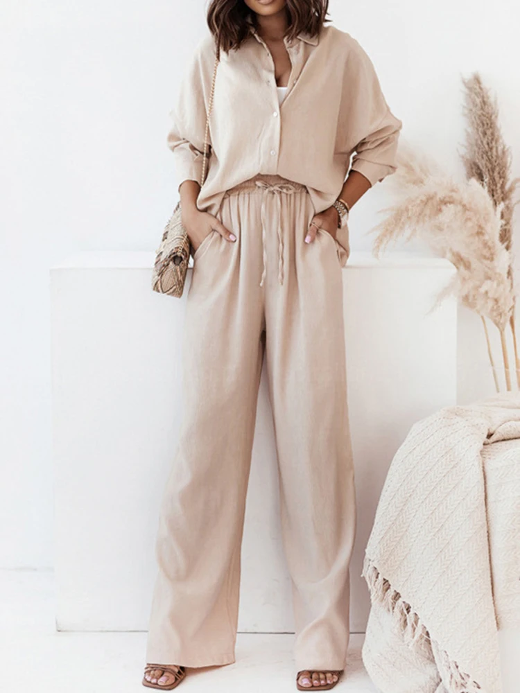 2023 Spring Autumn Solid White Women Trouser Suit Set Casual Office Lady Long Sleeve Two Pieces Suit Wide Pants Outfits Tracks