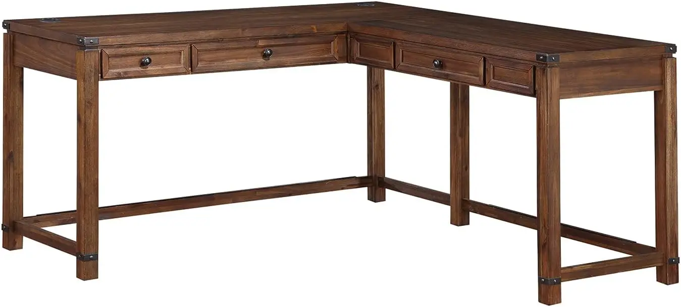 Baton Rouge Rustic L-Shape Office Desk With Power Port Drawer And Metal Accents, Brushed Walnut Finish